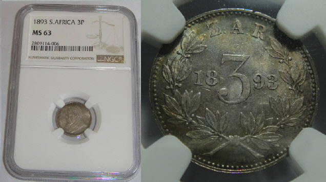 Paul Kruger ZAR: Threepence (3d) of 1893: NGC graded MS 63
