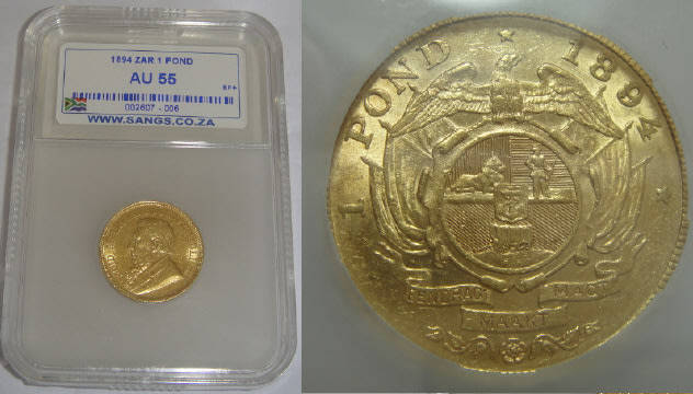 Paul Kruger ZAR: GOLD Pond (£1) of 1894:  Sangs graded AU 55