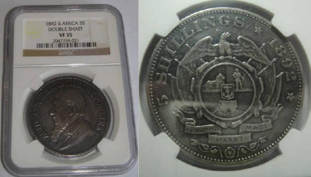 Paul Kruger ZAR: Five Shillings (Double Shaft Crown) of 1892: NGC graded VF 35