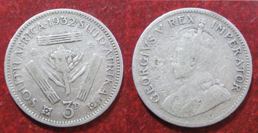 Union of South Africa : Tickey (Silver 3-Pence) of 1932 (2 available)