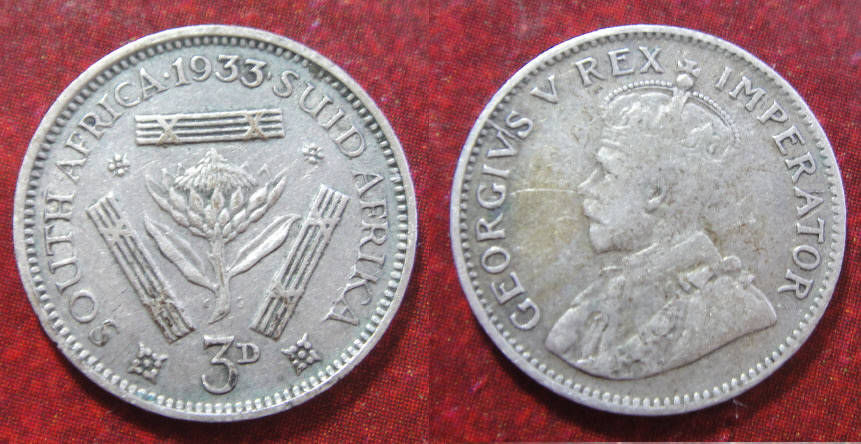 Union of South Africa : Tickey (Silver 3-Pence) of 1933 (2 available)