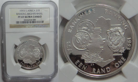 Republic of South Africa: Silver R1 of 1993 (Banking Centennial): NGC Graded PF69 Ultra Cameo
