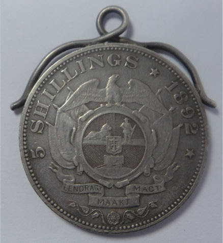 Paul Kruger ZAR: Trench / P.O.W. Art (Pendent): Five-Shillings (5/- Single Shaft) of 1892