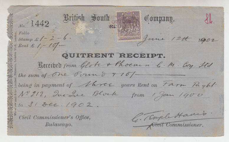 British South African Company Quitrent Receipt dated 12 June 1902