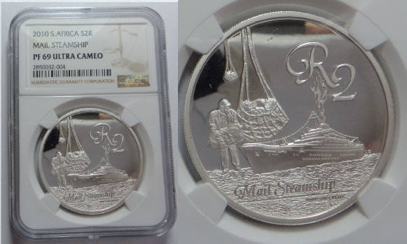 Republic of South Africa : Silver R2 Crown 2010 (Mail Steamship): NGC graded PF 69 Ultra Cameo