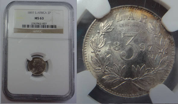 Paul Kruger ZAR: Threepence (3d) of 1897: NGC graded MS 63