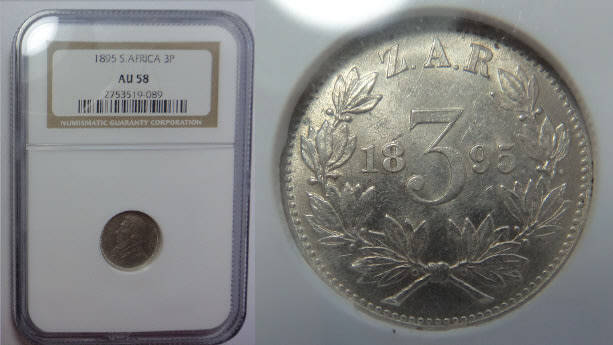 Paul Kruger ZAR: Threepence (3d) of 1895: NGC graded AU 58