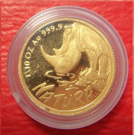 Republic of South Africa: Proof GOLD 1/10 NATURA of 1995 (The Rhinoceros)