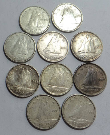 World SILVER Sets: Canada 10 x 10c pieces struck in 80% Silver