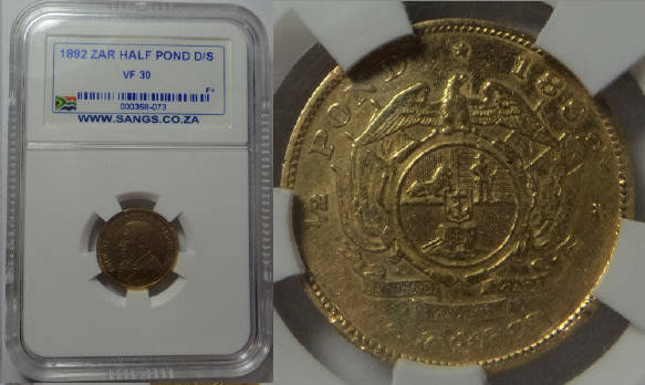 Paul Kruger ZAR: GOLD Half Pond 1892 (Double Shaft) Sangs graded VF 30