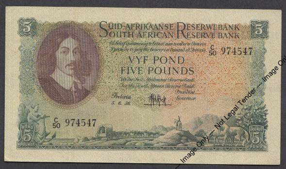 Union of South Africa: FIVE POUNDS (C50) Pretoria 5.6.1956