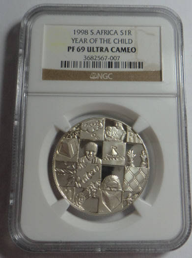 Republic of South Africa: Silver R1 of 1998 (Year of the Child): NGC graded PF 69 Ultra Cameo