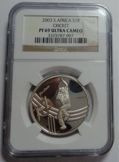 Republic of South Africa: Silver R1 of 2003 (Cricket): NGC graded PF 69 Ultra Cameo