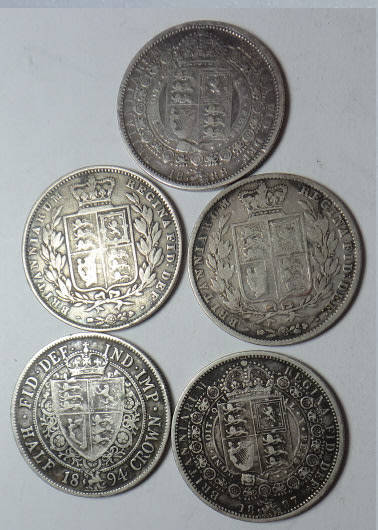 Great Britain Collection of Five Queen Victoria Sterling Silver Half Crowns