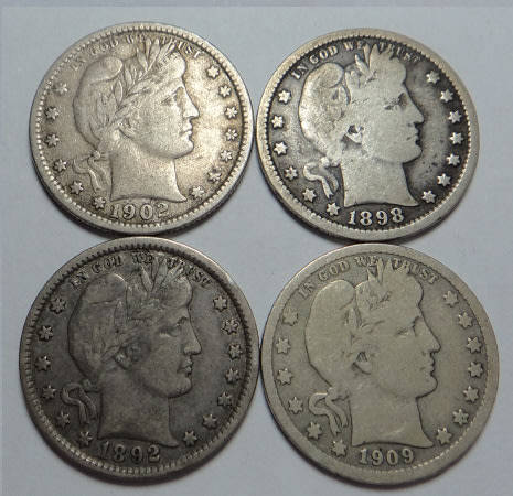 United States of America: Collection of 4 Barber Head Quarter Dollars