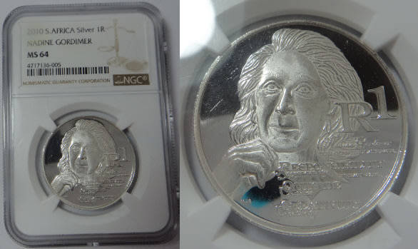 Republic of South Africa: Silver R1 Protea 2010 (Nadine Gordimer): NGC graded MS 64