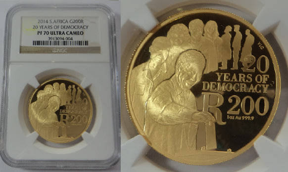 Rep. of South Africa: 1 OZ GOLD Proof R200 of 2014 (20-Years Democracy) NGC PF 70 Ultra Cameo