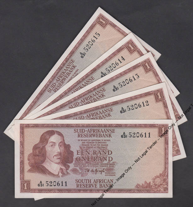 Republic of South Africa: TW de Jongh A-series R1 Sequential Serial Number Run (5 notes)