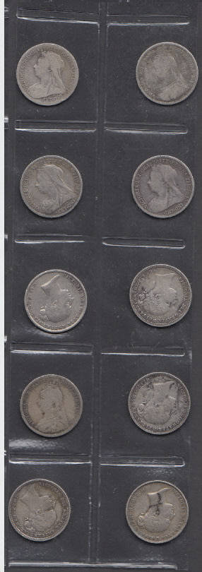 Great Britain: Ten SILVER Sixpences struck during the reign of Queen Victoria