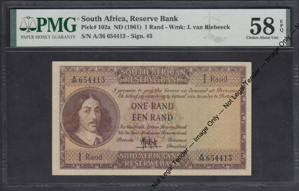 Republic of SA: One Rand of 1961: PMG graded 58 Choice About Unc