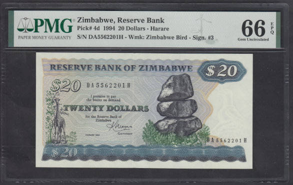 Reserve Bank of Zimbabwe : Twenty Dollars of 1983 : PMG graded 66 Gem Uncirculated