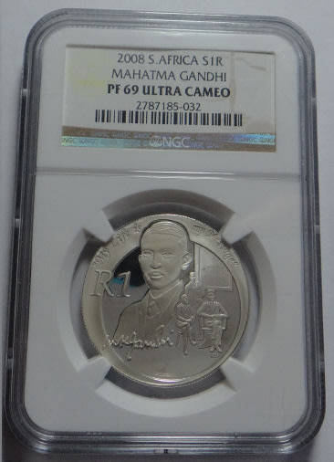Republic of South Africa: Silver Proof R1 of 2008 (Gandhi) NGC PF 69 Ultra Cameo