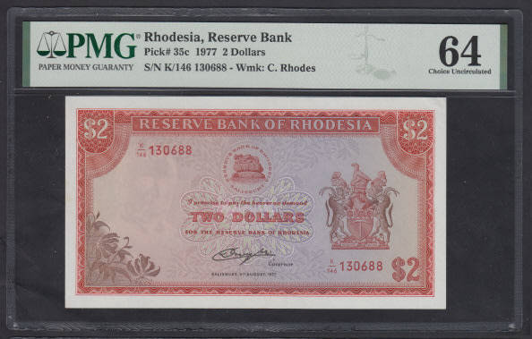 Rhodesia 2 Dollars 5 August 1977 (PMG 64 Choice Uncirculated)