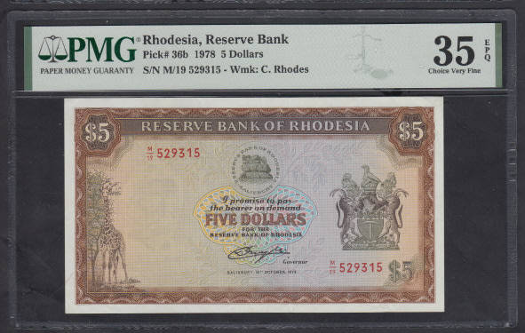 Rhodesia 5 Dollars 20 October 1978 (PMG 35 Choice Very Fine)