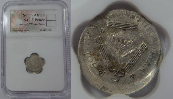 Union of SA: Three Pence of 1942: Sangs certified Error, Off Centre Strike