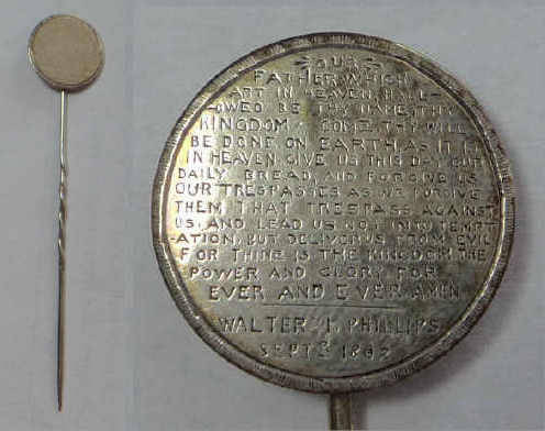 Antique Silver Pin with the Lords Prayer engraved on a Victorian Sixpence in 1882