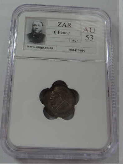 Paul Kruger ZAR, Sixpence of 1897, Sangs graded AU 53