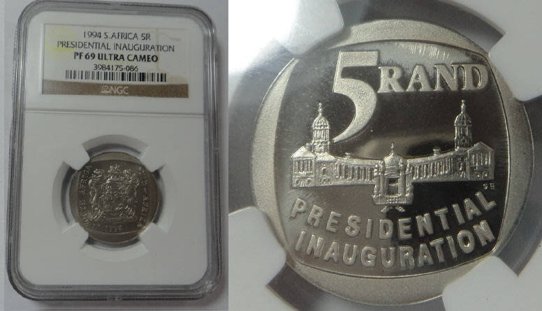 Rep. of SA: R5 of 1994 (Presidential Inauguration) NGC PF 69 Ultra Cameo