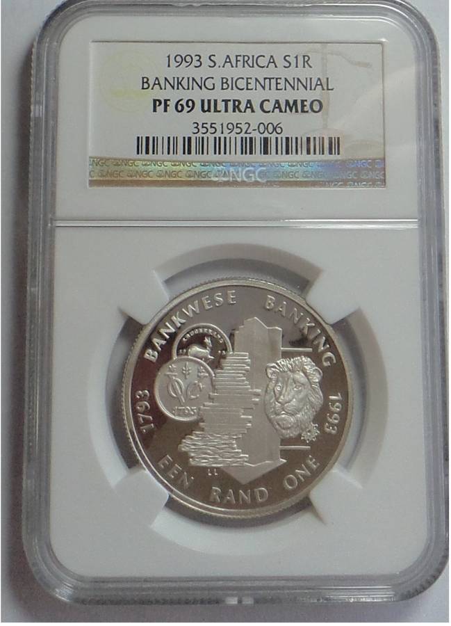 Republic of South Africa: Silver R1 of 1993 (Banking) NGC PF 69 Ultra Cameo