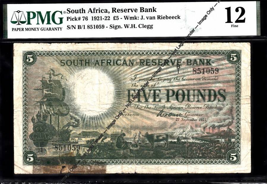 SA Reserve Bank Five Pounds: CLEGG: 27 September 1921: PMG 12 Fine
