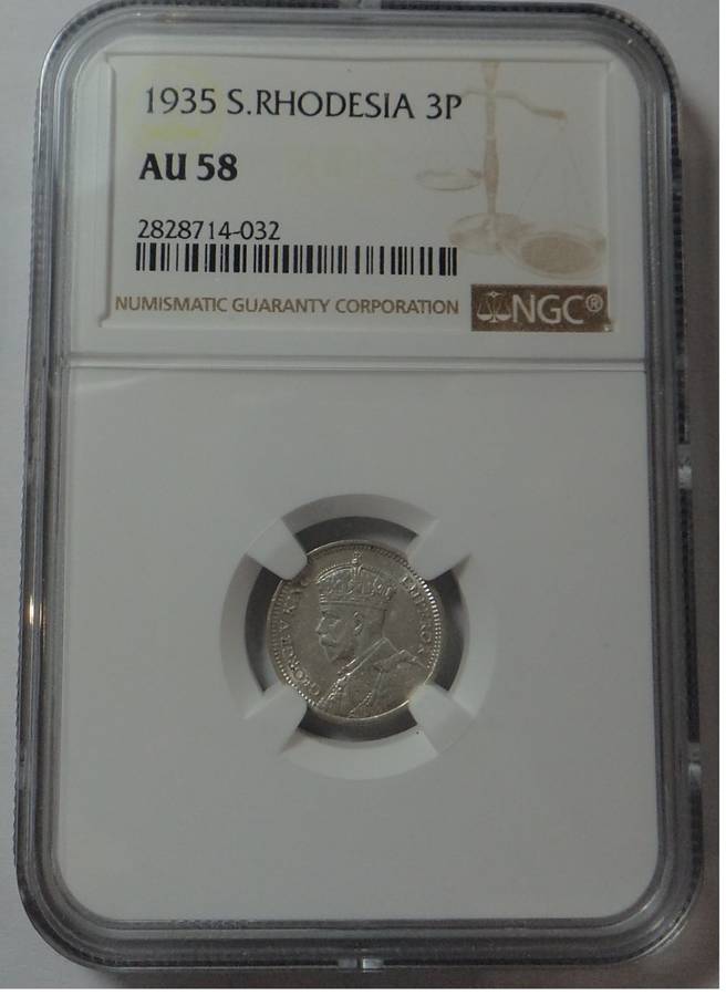 Southern Rhodesia: Three Pence of 1935: NGC graded AU 58