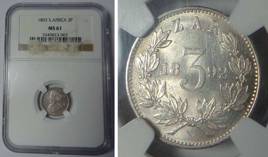 Paul Kruger ZA: Threepence 1892: NGC graded MS 61