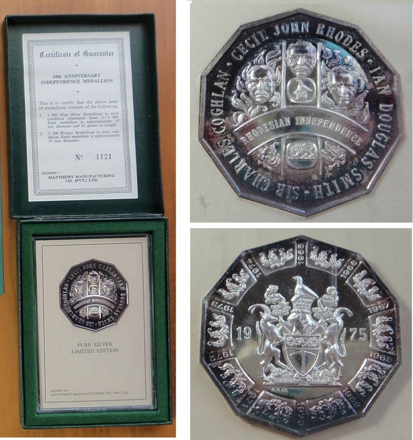 Rhodesia: 10th Anniversary Independence Medallion in PURE SILVER
