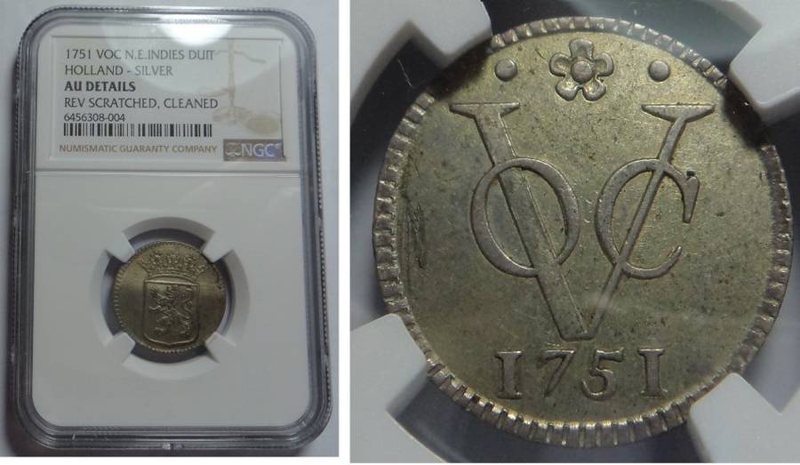 Silver VOC Duit Holland 1751 NGC AU Details