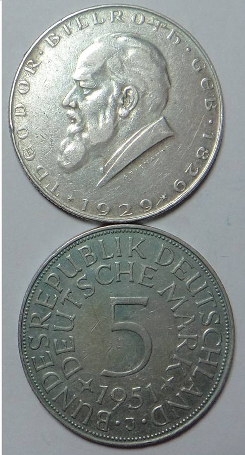 Germany 5-Mark (1951J) & Austria 2-Schilling 1929 (Dr. Theodor Billroth)