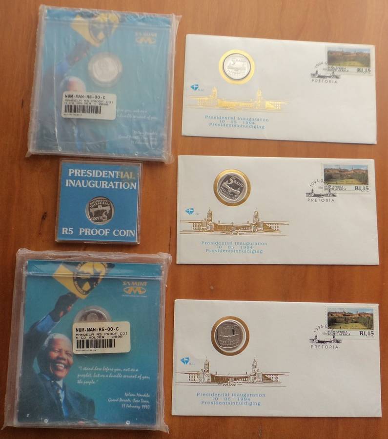 Six Proof Mandela R5 Coins (4 x 1994 Presidential Inauguration & 2 x 2000)