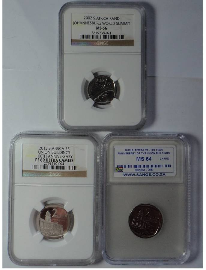 Three Graded R1 (2002 MS 66) & R2 Coins (2013 MS 64 & PF 69 UC)