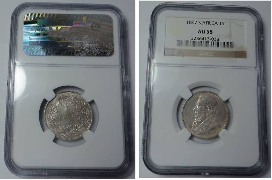 Paul Kruger ZAR Shilling 1897: NGC AU 58