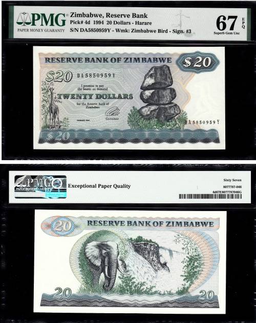 Zimbabwe: Pick 4d 1994 20 Dollars: PMG 67 Superb Gem Uncirculated