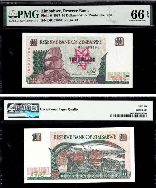 Zimbabwe: Pick 6 1997 10 Dollars: PMG 66 Gem Uncirculated