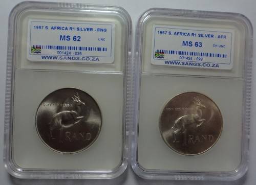 RSA: Silver R1 Set of 1967 (Eng. & Afr.) Sangs graded MS62 & MS63