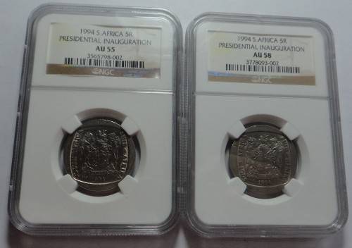Republic of SA: Inauguration R5 of 1994, NGC graded AU55 & AU58