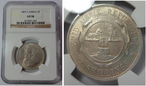 Paul Kruger ZAR: 2-Shillings (2/-) of 1897, NGC graded AU 58