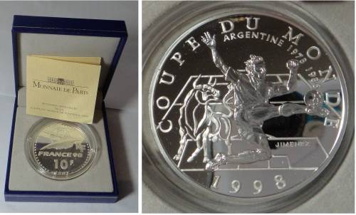 1998 Soccer World Cup: France, .900 Silver Proof 10 Francs