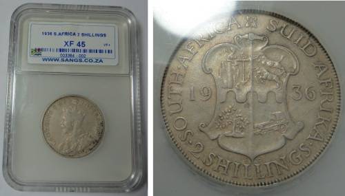 Union of SA: Two-Shillings (2/-) of 1936: Sangs XF 45