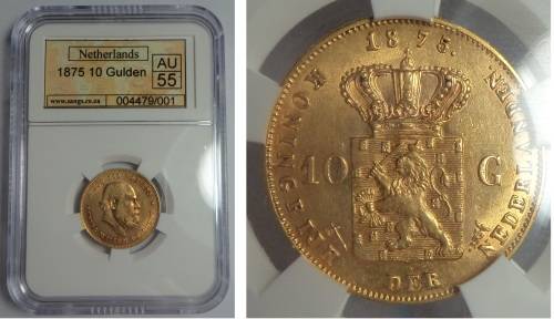 Netherlands: Gold 10 Gulden of 1875, Sangs AU55